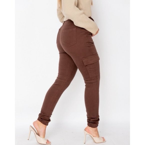 Brown High Waist Skinny Cargo Utility Denim Jeans Joggers Jogger Pants - Picture 8 of 10